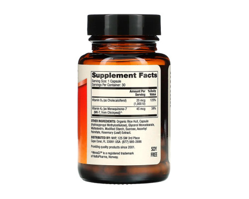 Вітаміни Д3 та К2, Vitamins D3 & K2, Dr. Mercola, низька доза, 30 капсул