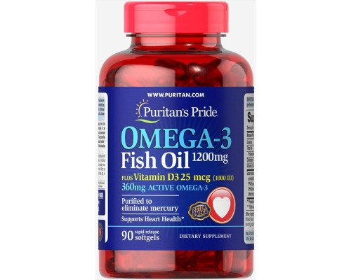 Omega 3 Fish Oil 1200 mg plus Vitamin D3 1000 IU - 90 Softgels