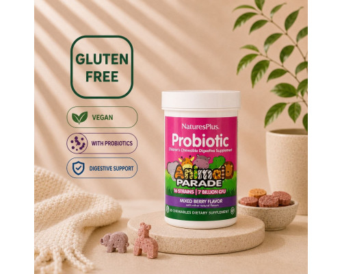 Nature’s Plus Animal Parade® Probiotic — дитячий пробіотик, 30 жувальних таблеток Mixed Berry