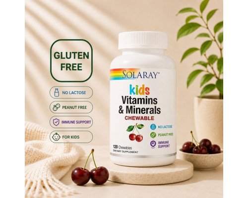 Solaray Kids Vitamins & Minerals Black Cherry — детские жевательные мультивитамины и минералы, 120 chewables