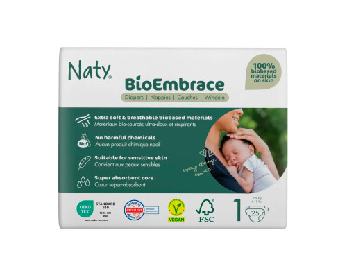 Одноразові дитячі підгузки BioEmbrace "NATY". Розмір 1 (2-5 кг.), 25шт. в упаковці.