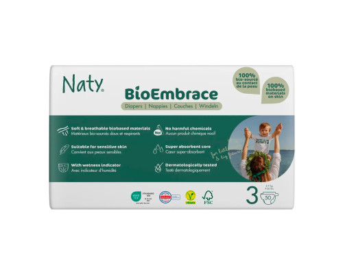 Одноразові дитячі підгузки BioEmbrace "NATY". Розмір 3 (4-9 кг.), 50 шт. в упаковці.