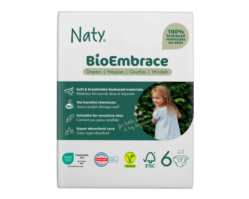 Одноразові дитячі підгузки BioEmbrace "NATY". Розмір 6 (16+ кг.), 17 шт. в упаковці.