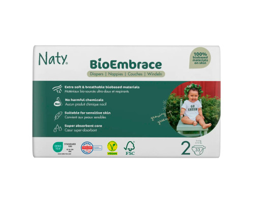 Одноразовые детские подгузники BioEmbrace "NATY. Размер 2 (3-6 кг.), 33шт. в упаковке.