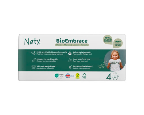 Одноразові дитячі підгузки BioEmbrace "NATY". Розмір 4 (7-18 кг.), 44 шт. в упаковці.