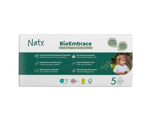 Одноразові дитячі підгузки BioEmbrace "NATY". Розмір 5 (11-25 кг.), 40 шт. в упаковці.